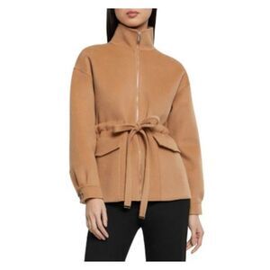 PAULE KA Womens Beige Pocketed Stand Collar Drawstring Waist Zip Up Jacket 46